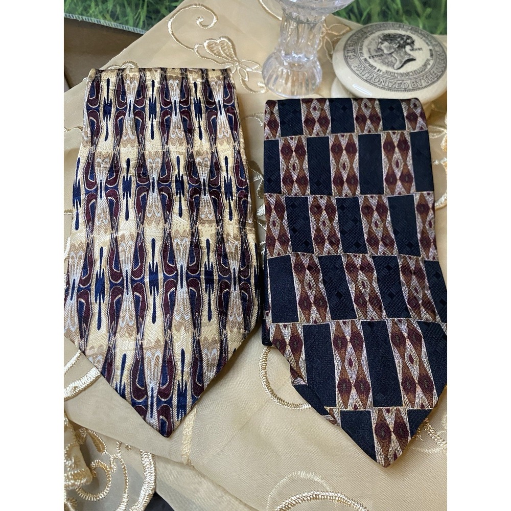 XMI Men's 100% Silk Tie Beige Black Hand Made Lot Of 2